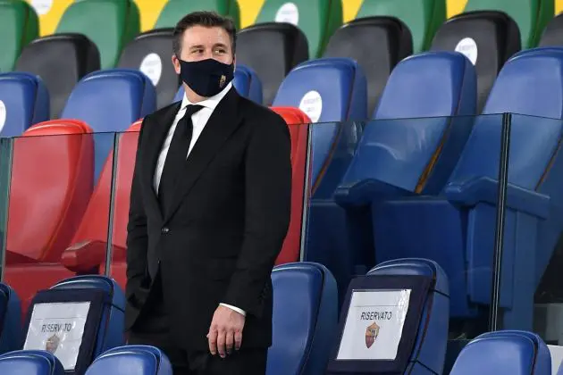 As Roma's US President Thomas Daniel Friedkin, wearing a face mask, looks on before the Italian Serie A football match Roma vs Benevento at Olympic stadium in Rome, on October 18, 2020. (Photo by Tiziana FABI / AFP) (Photo by TIZIANA FABI/AFP via Getty Images)