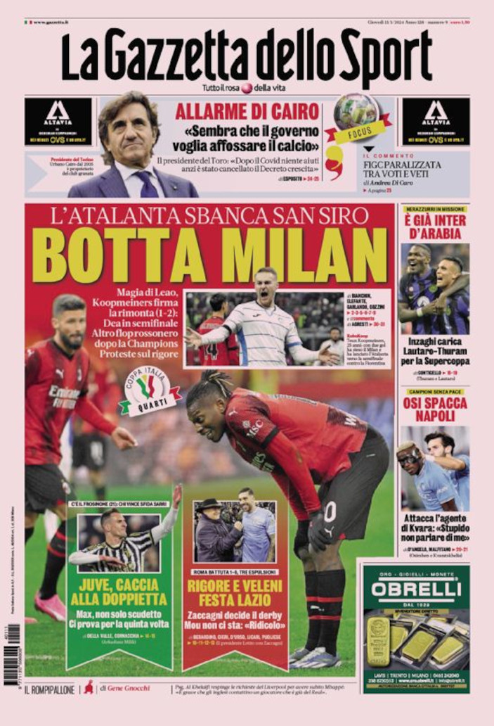 Today’s Papers – Atalanta Conquer Milan, Only Lazio, Mou Flop ...