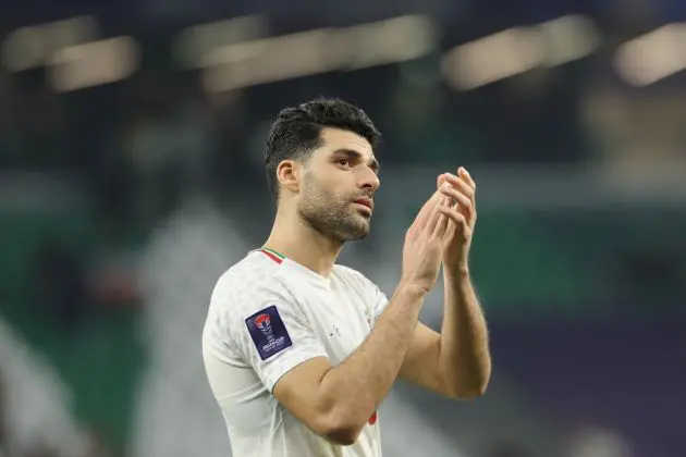 AL RAYYAN, QATAR - JANUARY 23: Mehdi Taremi of Iran celebrates scoring his team's second goal during the AFC Asian Cup Group C match between Iran and United Arab Emirates at Education City Stadium on January 23, 2024 in Al Rayyan, Qatar. (Photo by Lintao Zhang/Getty Images)
