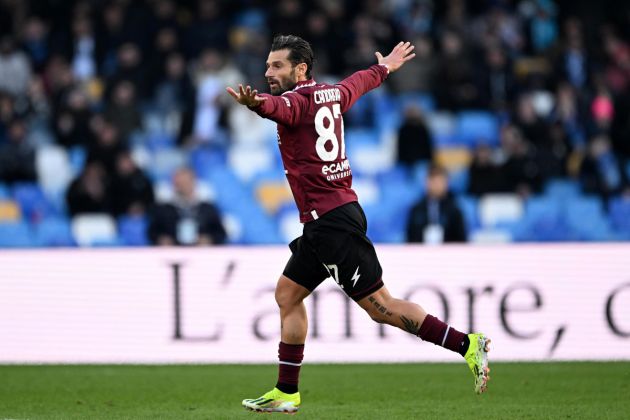 Antonio Candreva of US Salernitana celebrates after scoring his side first goal during the Serie A TIM match between SSC Napoli and US Salernitana - Serie A TIM at Stadio Diego Armando Maradona on January 13, 2024 in Naples, Italy. (Photo by Francesco Pecoraro/Getty Images)