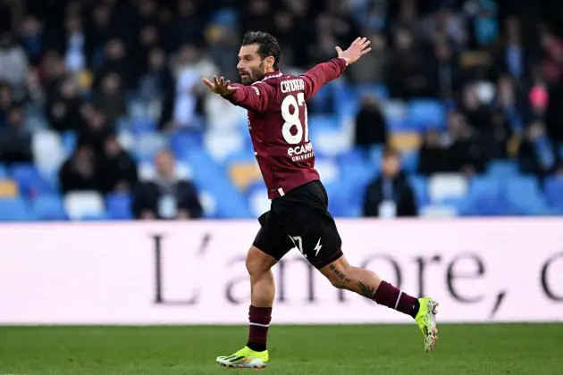 Antonio Candreva of US Salernitana celebrates after scoring his side first goal during the Serie A TIM match between SSC Napoli and US Salernitana - Serie A TIM at Stadio Diego Armando Maradona on January 13, 2024 in Naples, Italy. (Photo by Francesco Pecoraro/Getty Images)