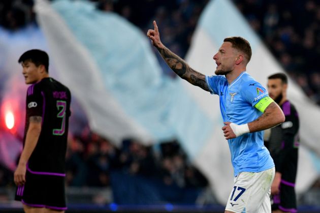 ROME, ITALY - FEBRUARY 14: Ciro Immobile of SS Lazio celebrates a opening goal a penalty during the UEFA Champions League 2023/24 round of 16 first leg match between SS Lazio and FC Bayern München at Stadio Olimpico on February 14, 2024 in Rome, Italy. (Photo by Marco Rosi - SS Lazio/Getty Images)