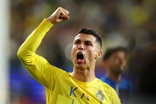 RIYADH, SAUDI ARABIA - FEBRUARY 21: Cristiano Ronaldo of Al Nassr celebrates after the team's victory in the second leg of the AFC Champions Leauge Round of 16 match between Al Nassr and Al Fayha at Al Awwal Park on February 21, 2024 in Riyadh, Saudi Arabia. (Photo by Yasser Bakhsh/Getty Images)