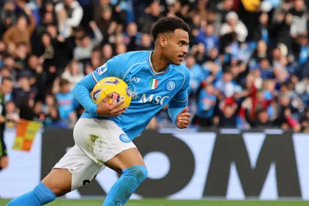 Cyril Ngonge of SSC Napoli celebrates after scoring his side first goal during the Serie A TIM match between SSC Napoli and Hellas Verona FC at Stadio Diego Armando Maradona on February 04, 2024 in Naples, Italy. (Photo by Francesco Pecoraro/Getty Images) (Roma and Lazio links)