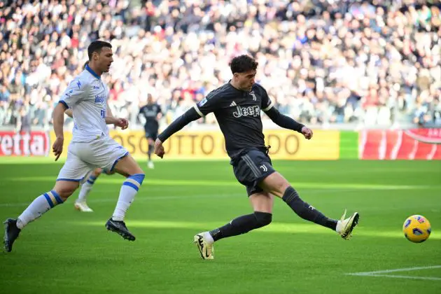 Juventus Serbian forward Dusan Vlahovic kicks and scores a goal during the Italian Serie A football match Juventus vs Frosinone on February 25, 2024 at the "Allianz Stadium" in Turin. (Photo by MARCO BERTORELLO / AFP) (Photo by MARCO BERTORELLO/AFP via Getty Images)