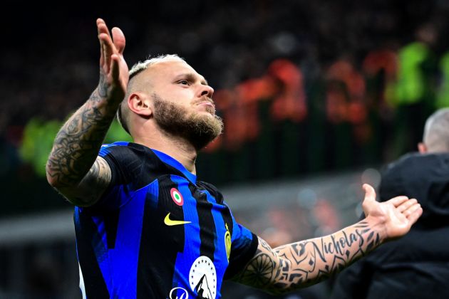 Inter Milan defender Federico Dimarco celebrates after scoring his team third goal during the Italian Serie A football match between Inter Milan and Atalanta in Milan, on February 28, 2024. (Photo by Piero CRUCIATTI / AFP) (Photo by PIERO CRUCIATTI/AFP via Getty Images)