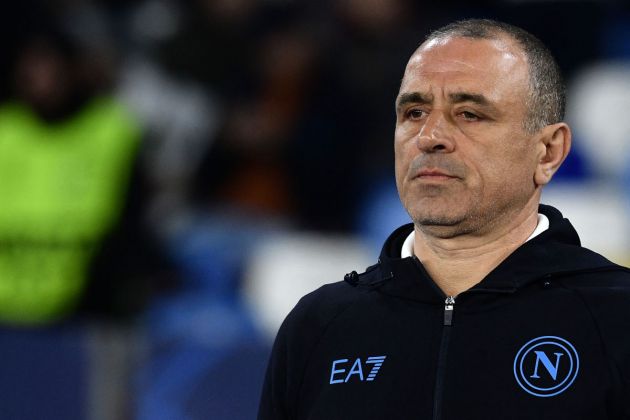 Napoli's Italian headcoach Francesco Calzona looks on during the UEFA Champions League round of 16 first Leg football match between Napoli and Barcelona at the Diego-Armando-Maradona stadium in Naples on February 21, 2024. (Photo by Filippo MONTEFORTE / AFP) (Photo by FILIPPO MONTEFORTE/AFP via Getty Images)