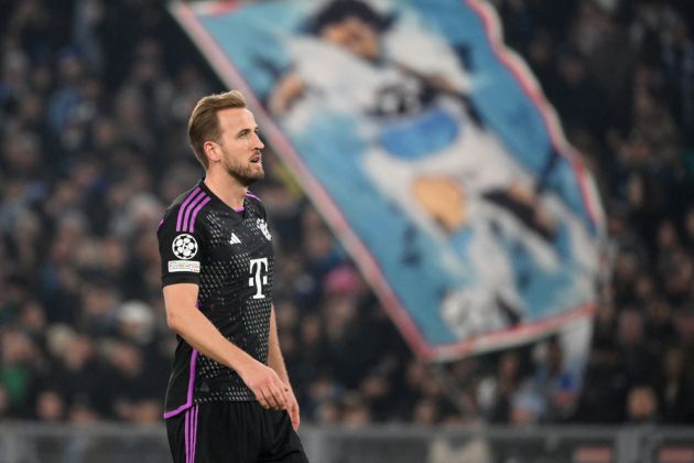 Bayern Munich forward Harry Kane looks on during the UEFA Champions League last 16 first leg between Lazio and Bayern Munich at the Olympic stadium on February 14, 2024 in Rome. (Photo by Alberto PIZZOLI / AFP) (Photo by ALBERTO PIZZOLI/AFP via Getty Images)