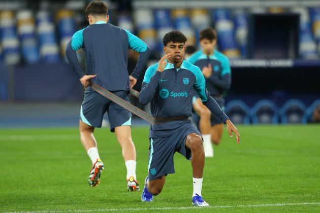 Barcelona's Spanish forward #27 Lamine Yamal attends a training session with teammates on the eve of the UEFA Champions League last 16 first leg football match between Napoli and Barcelona at the Diego Armando Maradona stadium on February 20, 2024. (Photo by Carlo Hermann / AFP) (Photo by CARLO HERMANN/AFP via Getty Images)