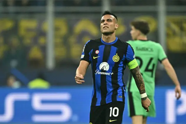 Inter Milan's Argentine forward #10 Lautaro Martinez reacts during the UEFA Champions League last 16 first leg football match Inter Milan vs Atletico Madrid at the San Siro stadium in Milan on February 20, 2024. (Photo by GABRIEL BOUYS / AFP) (Photo by GABRIEL BOUYS/AFP via Getty Images)