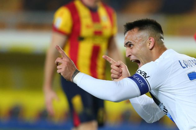 Inter Milan's Argentinian forward #10 Lautaro Martinez celebrates after scoring during the Italian Serie A football match between Lecce and Inter Milan at the Ettore Giardiniero stadium in Lecce, on February 25, 2024. (Photo by Carlo Hermann / AFP) (Photo by CARLO HERMANN/AFP via Getty Images)