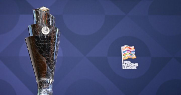 The UEFA Nations League trophy is displayed prior to the start of the 2023 UEFA Nations League football finals draw in Nyon, Switzerland, on January 25, 2023. The draw determines the semi-final pairings for the four-team 2023 UEFA Nations League football finals in Rotterdam and Enschede, as semi-finals will be played on June 14 and June 15, 2023, with the third-place play-off and final both on June 18, 2023. (Photo by Fabrice COFFRINI / AFP) (Photo by FABRICE COFFRINI/AFP via Getty Images) (Italy) San Marino