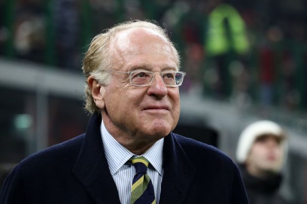 MILAN, ITALY - JANUARY 14: Paolo Scaroni, President of AC Milan looks on prior to the Serie A TIM match between AC Milan and AS Roma - Serie A TIM at Stadio Giuseppe Meazza on January 14, 2024 in Milan, Italy. (Photo by Marco Luzzani/Getty Images)