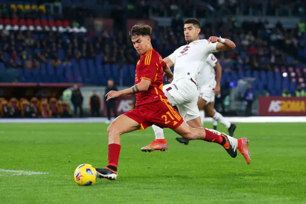 ROME, ITALY - FEBRUARY 26: Paulo Dybala of AS Roma scores his team's third goal and his hat-trick goal during the Serie A TIM match between AS Roma and Torino FC at Stadio Olimpico on February 26, 2024 in Rome, Italy. (Photo by Paolo Bruno/Getty Images)