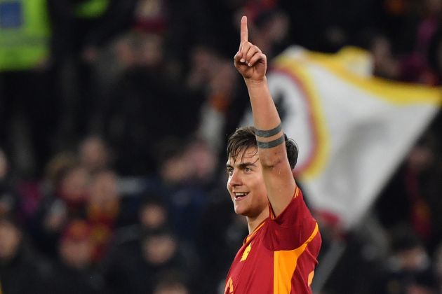 Roma's Argentine forward #21 Paulo Dybala celebrates after scoring the team third goal during the Italian Serie A football match between AS Roma and Torino on February 26, 2024 at the Olympic stadium in Rome. (Photo by Tiziana FABI / AFP) (Photo by TIZIANA FABI/AFP via Getty Images)