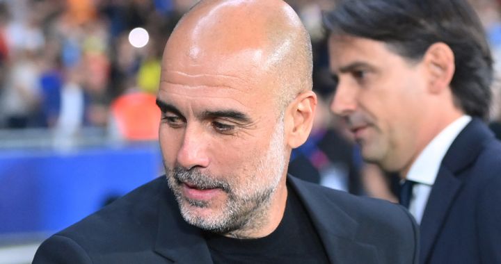 Manchester City's Spanish manager Pep Guardiola greets Inter Milan's Italian head coach Simone Inzaghi (R) during the UEFA Champions League final football match between Inter Milan and Manchester City at the Ataturk Olympic Stadium in Istanbul, on June 10, 2023. (Photo by FRANCK FIFE / AFP) (Photo by FRANCK FIFE/AFP via Getty Images)