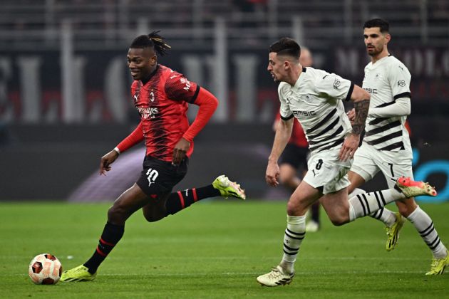 AC Milan's Portuguese forward #10 Rafael Leao runs for the ball during the UEFA Europa League Last 16 first leg between AC Milan and Rennes at the San Siro Stadium in Milan. (Photo by GABRIEL BOUYS / AFP) (Photo by GABRIEL BOUYS/AFP via Getty Images)