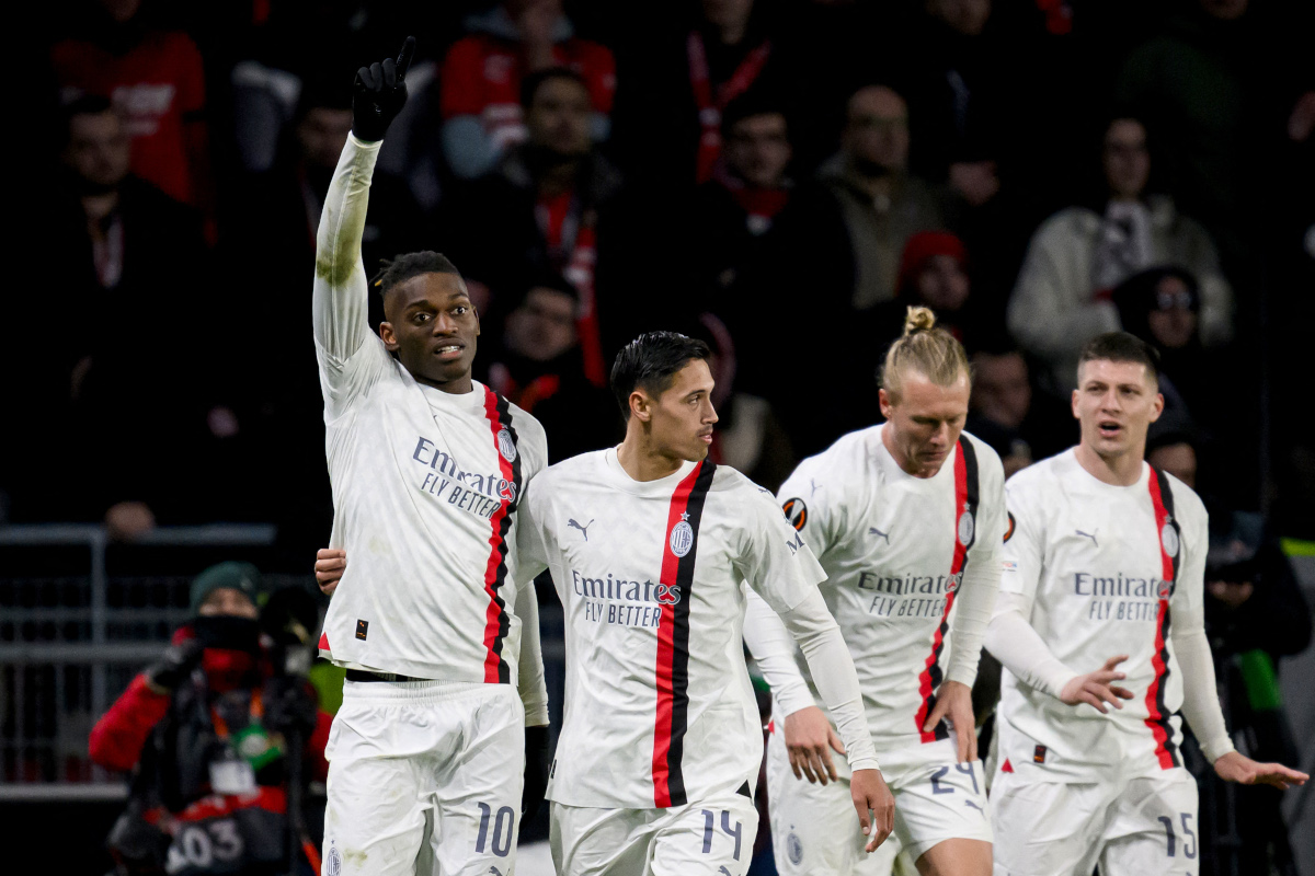 AC Milan's Portuguese forward #10 Rafael Leao (L) celebrates scoring his team's second goal during the UEFA Europa League round of 16 play-off match between Rennes and AC Milan at The Roazhon Park Stadium in Rennes, western France, on Febrtuary 22, 2024. (Photo by LOIC VENANCE / AFP) (Photo by LOIC VENANCE/AFP via Getty Images)