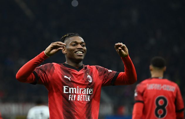 AC Milan's Portuguese forward #10 Rafael Leao celebrates after scoring a goal during the Italian Serie A football match between Milan AC and Atalanta at San Siro stadium in Milan on February 25, 2024. (Photo by Isabella BONOTTO / AFP) (Photo by ISABELLA BONOTTO/AFP via Getty Images)