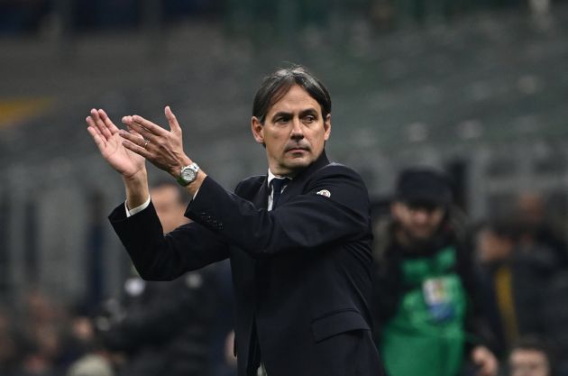 Inter Milan's Italian coach Simone Inzaghi reacts from the sidelines during the Serie A football match between Inter Milan and Juventus at the San Siro stadium in Milan, on February 4, 2024. (Photo by Isabella BONOTTO / AFP) (Photo by ISABELLA BONOTTO/AFP via Getty Images)