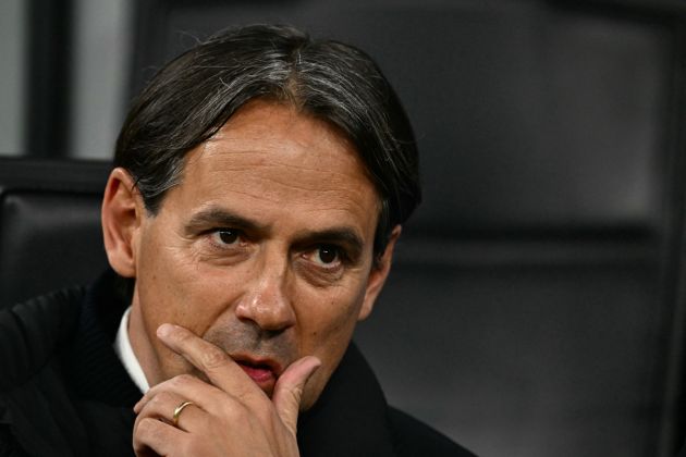 Inter Milan's Italian coach Simone Inzaghi looks on before the UEFA Champions League last 16 first leg football match Inter Milan vs Atletico Madrid at the San Siro stadium in Milan on February 20, 2024. (Photo by GABRIEL BOUYS / AFP) (Photo by GABRIEL BOUYS/AFP via Getty Images)