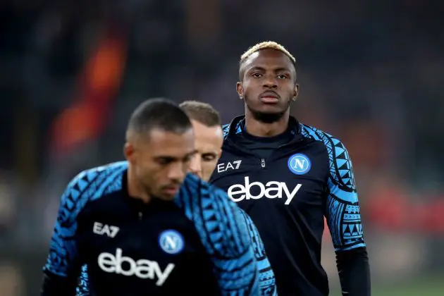 ROME, ITALY - DECEMBER 23: Victor Osimhen of SSC Napoli looks on in the warm up prior to the Serie A TIM match between AS Roma and SSC Napoli at Stadio Olimpico on December 23, 2023 in Rome, Italy. (Photo by Paolo Bruno/Getty Images)