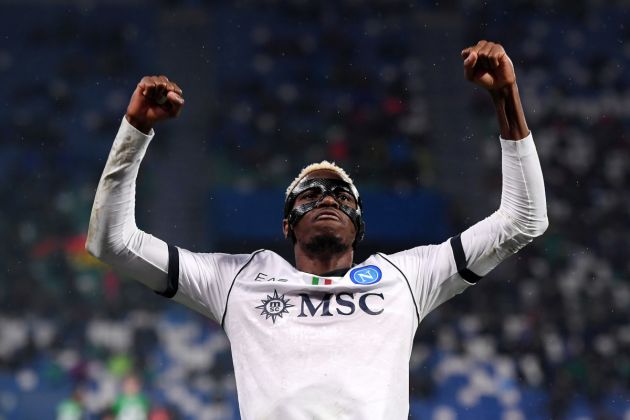 REGGIO NELL'EMILIA, ITALY - FEBRUARY 28: Victor Osimhen of SSC Napoli celebrates scoring his team's second goal during the Serie A TIM match between US Sassuolo and SSC Napoli at Mapei Stadium - Citta' del Tricolore on February 28, 2024 in Reggio nell'Emilia, Italy. (Photo by Alessandro Sabattini/Getty Images)