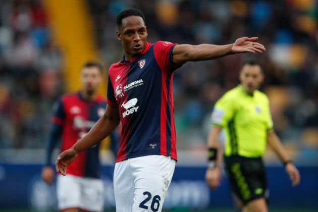 UDINE, ITALY - FEBRUARY 18: Yerry Mina of Cagliari during the Serie A TIM match between Udinese Calcio and Cagliari - Serie A TIM at Bluenergy Stadium on February 18, 2024 in Udine, Italy. (Photo by Timothy Rogers/Getty Images)