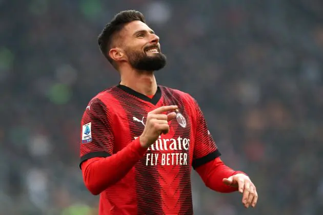 MILAN, ITALY - DECEMBER 17: Olivier Giroud of AC Milan reacts during the Serie A TIM match between AC Milan and AC Monza at Stadio Giuseppe Meazza on December 17, 2023 in Milan, Italy. (Photo by Marco Luzzani/Getty Images)