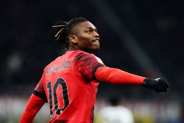 MILAN, ITALY - JANUARY 10: Rafael Leao of AC Milan celebrates scoring his team's first goal during the Coppa Italia match between AC Milan and Atalanta BC on January 10, 2024 in Milan, Italy. (Photo by Marco Luzzani/Getty Images)