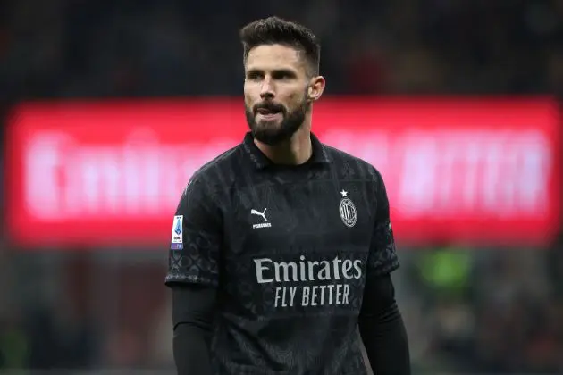 MILAN, ITALY - FEBRUARY 11: Olivier Giroud of AC Milan looks on during the Serie A TIM match between AC Milan and SSC Napoli - Serie A TIM at Stadio Giuseppe Meazza on February 11, 2024 in Milan, Italy. (Photo by Marco Luzzani/Getty Images)