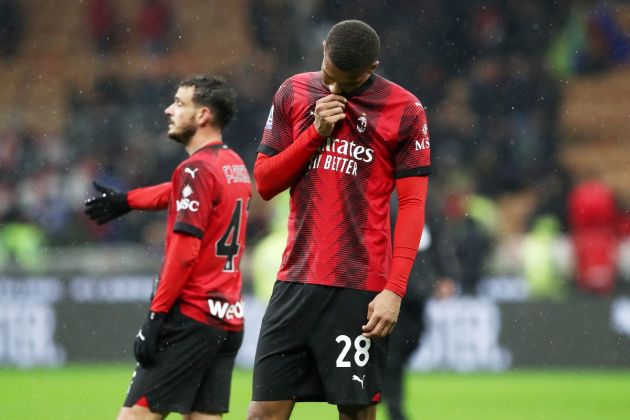 MILAN, ITALY - NOVEMBER 04: Malick Thiaw of AC Milan looks dejected and shows regret following the team's defeat during the Serie A TIM match between AC Milan and Udinese Calcio at Stadio Giuseppe Meazza on November 04, 2023 in Milan, Italy. (Photo by Marco Luzzani/Getty Images)