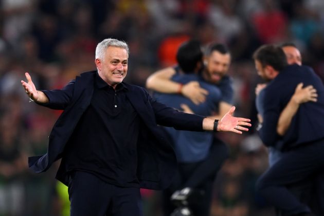 TIRANA, ALBANIA - MAY 25: Jose Mourinho, Head Coach of AS Roma celebrates winning the UEFA Europa Conference League during the UEFA Conference League final match between AS Roma and Feyenoord at Arena Kombetare on May 25, 2022 in Tirana, Albania. (Photo by Justin Setterfield/Getty Images)