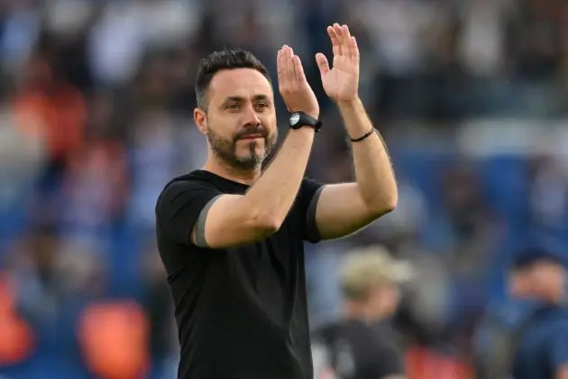 Brighton coach Roberto De Zerbi applauds fans as he leaves the pitch after the English Premier League football match between Brighton and Hove Albion and Liverpool at the American Express Community Stadium in Brighton, southern England on October 8, 2023. The game finished 2-2. (Photo by Glyn KIRK / AFP) / RESTRICTED TO EDITORIAL USE. No use with unauthorized audio, video, data, fixture lists, club/league logos or 'live' services. Online in-match use limited to 120 images. An additional 40 images may be used in extra time. No video emulation. Social media in-match use limited to 120 images. An additional 40 images may be used in extra time. No use in betting publications, games or single club/league/player publications. / (Photo by GLYN KIRK/AFP via Getty Images)