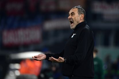 Lazio head coach Maurizio Sarri reacts during the UEFA Champions League last 16 first leg between Lazio and Bayern Munich at the Olympic stadium on February 14, 2024 in Rome. (Photo by Filippo MONTEFORTE / AFP) (Photo by FILIPPO MONTEFORTE/AFP via Getty Images)