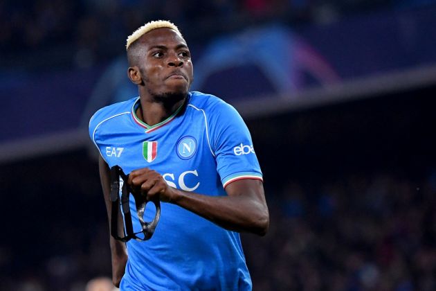 Napoli forward and Serie A star Victor Osimhen celebrates after scoring a goal during the UEFA Champions League round of 16 first Leg football match between Napoli and Barcelona at the Diego-Armando-Maradona stadium in Naples on February 21, 2024. (Photo by Tiziana FABI / AFP) (Photo by TIZIANA FABI/AFP via Getty Images)