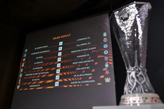 A screen displays the fixtures after the draw for the round of 16 of the 2023-2024 UEFA Europa League football tournament at the House of European Football in Nyon, on February 23, 2024. (Photo by Fabrice COFFRINI / AFP) (Photo by FABRICE COFFRINI/AFP via Getty Images)