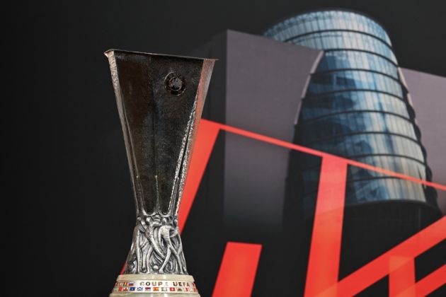 This photograph taken on December 18, 2023, shows the UEFA Europa League cup before the UEFA Europa League knockout stage play-off draw at the House of European Football in Nyon. (Photo by Fabrice COFFRINI / AFP) (Photo by FABRICE COFFRINI/AFP via Getty Images)