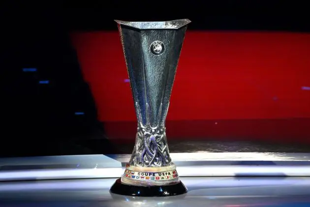 This photograph taken on September 1, 2023, shows the UEFA Europa League football trophy during the draw for the UEFA Europa League football tournament 2023-2024 at The Grimaldi Forum in the Principality of Monaco. (Photo by NICOLAS TUCAT / AFP) (Photo by NICOLAS TUCAT/AFP via Getty Images)