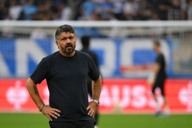 Marseille head coach Gennaro Gattuso looks on during the warm up prior to the UEFA Europa League Group B first leg football match between Olympique de Marseille (OM) and Brighton and Hove Albion at the Stade Velodrome, in Marseille on October 5, 2023. (Photo by Nicolas TUCAT / AFP) (Photo by NICOLAS TUCAT/AFP via Getty Images)
