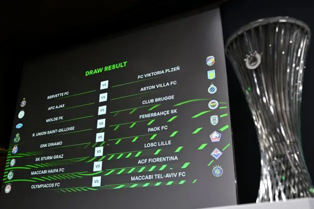 A screen displays the fixtures after the draw for the round of 16 of the 2023-2024 UEFA Conference League football tournament at the House of European Football in Nyon, on February 23, 2024. (Photo by Fabrice COFFRINI / AFP) (Photo by FABRICE COFFRINI/AFP via Getty Images)