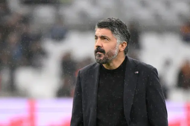 Marseillle coach Gennaro Gattuso looks on in the rain during the warm up ahead of the French L1 football match between Olympique de Marseille (OM) and FC Metz at the Velodrome Stadium in Marseille, on February 9, 2024. (Photo by NICOLAS TUCAT / AFP) (Photo by NICOLAS TUCAT/AFP via Getty Images)