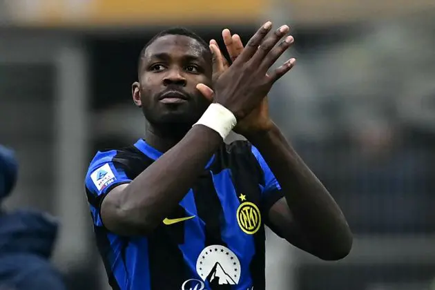 Inter Milan forward Marcus Thuram (L) reacts during the Italian Serie A football match between Inter Milan and Hellas Verona at the Giuseppe-Meazza (San Siro) Stadium in Milan on January 6, 2024. (Photo by GABRIEL BOUYS / AFP) (Photo by GABRIEL BOUYS/AFP via Getty Images)