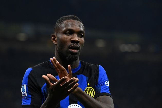 Inter forward Marcus Thuram applauds as he leaves the pitch for substitution during the Serie A football match between Inter Milan and Juventus at the San Siro stadium in Milan, on February 4, 2024. (Photo by Isabella BONOTTO / AFP) (Photo by ISABELLA BONOTTO/AFP via Getty Images)