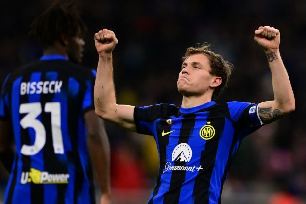 Inter midfielder Nicolo Barella celebrates scoring his team's second goal during the Italian Serie A football match between Inter Milan and Lecce at the "San Siro Stadium" in Milan on December 23, 2023. (Photo by MARCO BERTORELLO / AFP) (Photo by MARCO BERTORELLO/AFP via Getty Images)