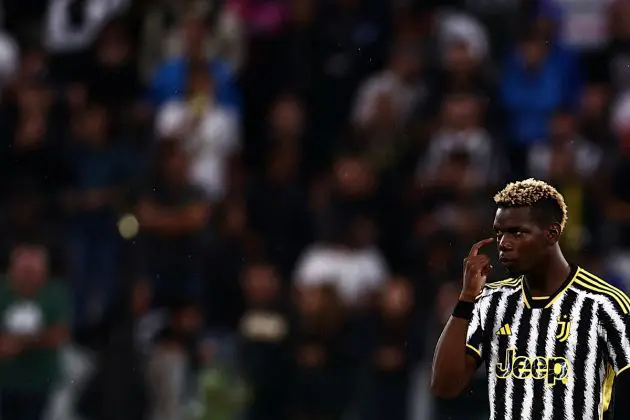 Juventus midfielder Paul Pogba gestures during the Italian Serie A football match Juventus vs Bologna on August 27, 2023 at the "Allianz Stadium" in Turin. (Photo by MARCO BERTORELLO / AFP) (Photo by MARCO BERTORELLO/AFP via Getty Images)