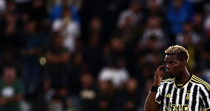 Juventus midfielder Paul Pogba gestures during the Italian Serie A football match Juventus vs Bologna on August 27, 2023 at the "Allianz Stadium" in Turin. (Photo by MARCO BERTORELLO / AFP) (Photo by MARCO BERTORELLO/AFP via Getty Images)