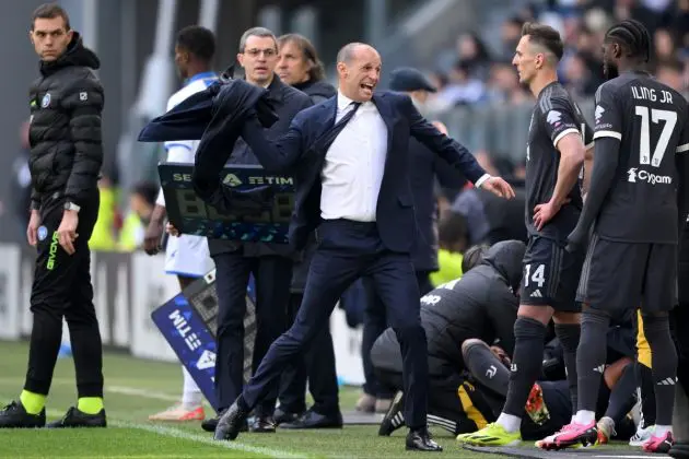 Juventus coach Massimiliano Allegri reacts during the Italian Serie A football match Juventus vs Frosinone on February 25, 2024 at the "Allianz Stadium" in Turin. (Photo by MARCO BERTORELLO / AFP) (Photo by MARCO BERTORELLO/AFP via Getty Images)