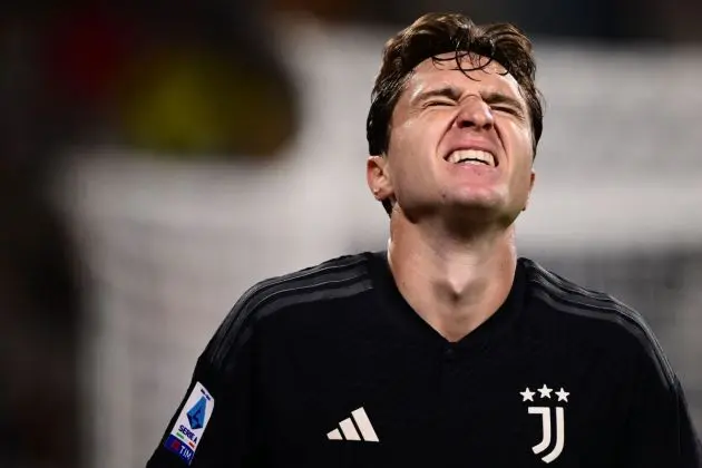 Juventus forward Federico Chiesa reacts during the Italian Serie A football match Juventus vs Lecce on September 26, 2023, at the "Allianz Stadium" in Turin. (Photo by MARCO BERTORELLO / AFP) (Photo by MARCO BERTORELLO/AFP via Getty Images)