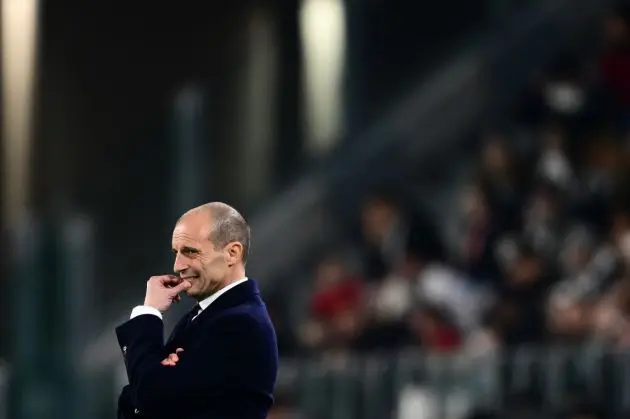 Juventus coach Massimiliano Allegri looks on during the Italian Serie A football match Juventus vs Udinese on February 12, 2024 at the "Allianz Stadium" in Turin. (Photo by MARCO BERTORELLO / AFP) (Photo by MARCO BERTORELLO/AFP via Getty Images)